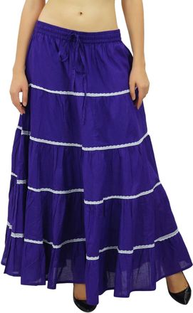 Bimba Womens Long Flaired Cotton Skirt Boho Maxi Bottoms Elastic Waist Indian Clothing Purple