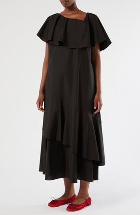 Marina Rinaldi Pioppo Asymmetric Neck Tiered Cotton Dress in Black at Nordstrom, Size 16W