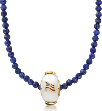 Ross-Simons 3-3.5mm Lapis Bead Necklace With White Jade and Multicolored Enamel American Flag Bead Charm in 18kt Gold Over Sterling
