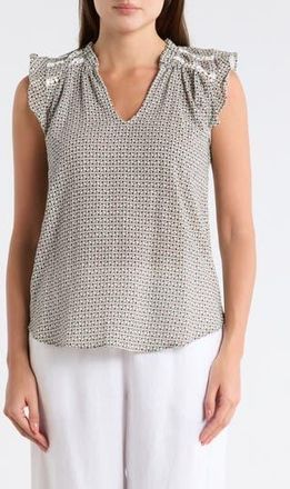 Bobeau Ruffle Sleeveless Cotton Top in Green/peach Floral at Nordstrom Rack, Size X-Large