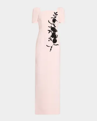 Teri Jon Floral Applique Crepe Column Gown