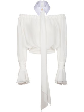 Elisabetta Franchi Voluminous Off-Shoulder Blouse with Structured Collar