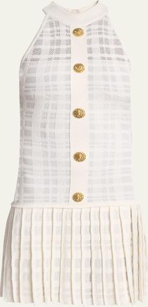 Balmain Button-Front Tartan Knit Pleated Mini Halter Dress