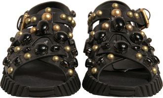 Dolce & Gabbana Black Leather Studded Slides Sandals Mens Shoes (Pre-Owned)
