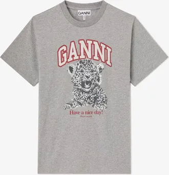 Ganni Grey T-shirt with Tiger - Size XXS Organic Cotton