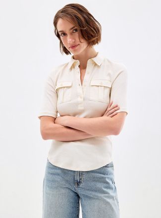 Lauren Ralph Lauren Womens Dual-material ribbed utilitarian Polo Shirt shirt