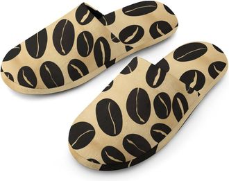 Generic Coffee Beans Pattern Mens Slippers Flannel Warm House Shoes with Rubber Anti-Slip Sole Slip On for Home Outdoor
