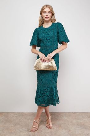 Oasis Womens Lace Trim Detail Puff Sleeve Peplum Midi Dress - Green - Size 10 UK
