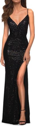 La Femme Long Sequin Gown with Wrap Style Top and Slit in Black at Nordstrom, Size 00