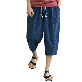 Generic Mens 3/4 Linen Capris Pants Below Knee 3/4 Length Capris Shorts Elastic Waist Casual Loose Baggy Harem Workout Travel Fishing Running Pants Summer Bea