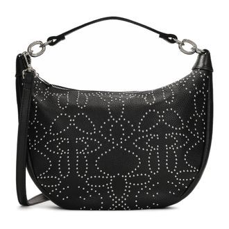 Kazar Zwarte leren halvemaanvormige handtas met zilveren strass - Dames - Handtassen - Zwart - ONE Size - Leer - Tassen