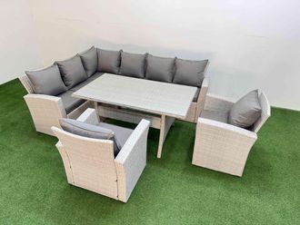 Fimous 8 Seater Rattan Garden Furniture Set with Dining Table 2 Chairs in Light Grey