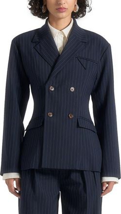 Mani&egrave;re De Voir Maia Pinstripe Double Breasted Blazer in Navy at Nordstrom, Size 12