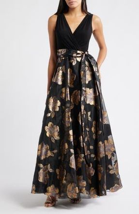 Eliza J Floral Metallic Sleeveless Mixed Media Ballgown in Black Gold at Nordstrom Rack, Size 2
