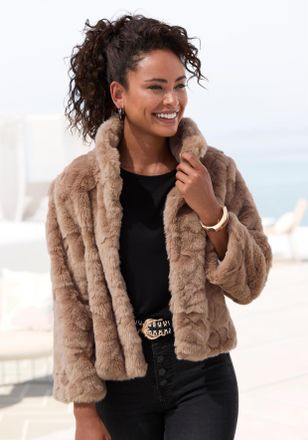 Lascana Fellimitatjacke LASCANA, Damen, Gr. 34, grau (taupe), Web, Obermaterial: 100% Polyester. Futter: 100% Polyester, unifarben, figurbetont h&uuml;ftlang, Jack