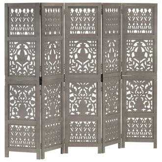 vidaXL Biombo 5 Paneles Tallado A Mano Madera De Mango Gris 200x165 Cm Vidaxl