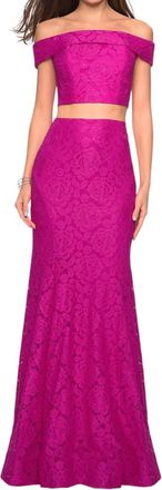 La Femme Two Piece Lace Prom Dress In Hot Pink