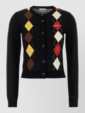 Ganni cotton cardigan argyle pattern ribbed cuffs hem
