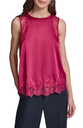Karl Lagerfeld Eyelash Lace Trim Satin Tank in Currant at Nordstrom, Size X-Small