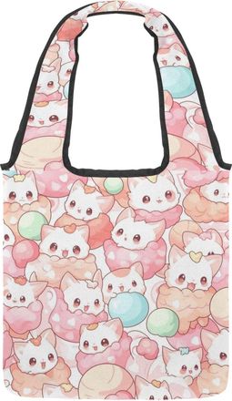 Generic Colorful Cartoon Kitten Reversible Canvas Shoulder Tote - Double-Sided Print, 12oz Cotton, 27cm Drop, Fold-Flat Bag for Travel, Shopping, Street Outin