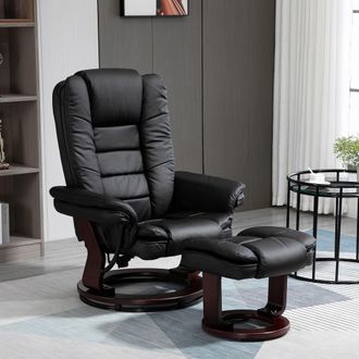 HOMCOM Swivel Manual Recliner & Footrest Set PU Leather Lounge Chair in Black