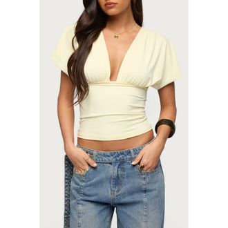 Edikted Flutter Plunge V-Neck Top in Light-Yellow at Nordstrom, Size X-Small