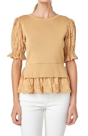 English Factory Mixed Media Eyelet Puff Sleeve Peplum Top in Tan at Nordstrom, Size X-Small