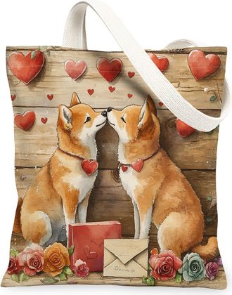 Generic Valentines Day Shiba Inu Dog Canvas Tote Bag for Shopping 13x15, Rustic Couple Puppy Reusable Grocery Print Pattern Bag for Women, Pet Beach Aesthetic