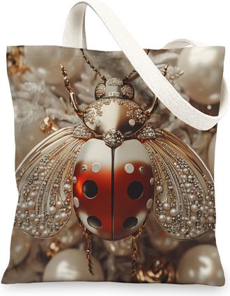 Generic Funky Christmas Ladybug Canvas Tote Bag for Shopping 13x15, Fun Cool Xmas Insects Reusable Grocery Print Pattern Bag for Women Men, Holiday New Year A