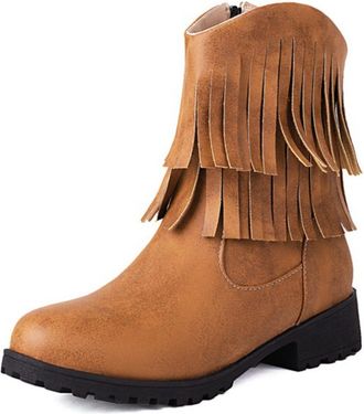 Generic Womens Mid Calf Boots Double Layer Fringe Faux Suede Upper Round Toe Low Block Heel Lug Sole Side Zip Closure Soft Lining Cushioned Insole Anti Slip,Y