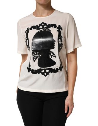 Dolce & Gabbana Cream Silk Silhouette Detail Short Sleeve Womens Top