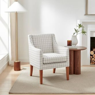Furniturebox Aubrey Beige Check Fabric Wingback Accent Armchair