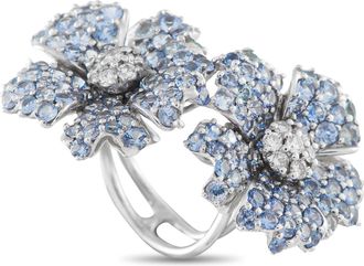 Luxury Bazaar 18K White Gold 0.50 ct Diamond and 8.65 ct Sapphire Flower Duo Statement Ring MF37-122325