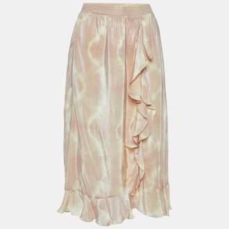 Maje Beige Tie Dye Satin Jitye Ruffled Midi Skirt