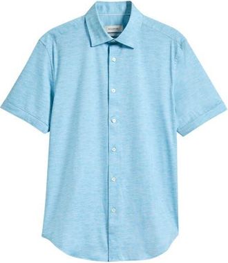 Bugatchi Miles OoohCotton Space Dye Short Sleeve Button-Up Shirt in Teal at Nordstrom, Size Xxx-Large