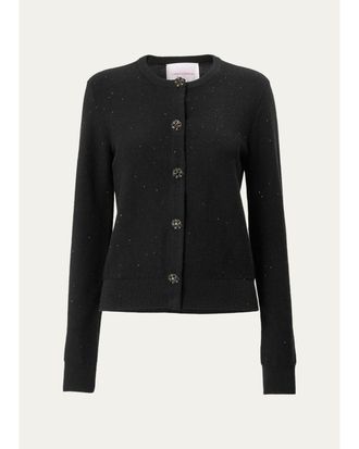 Carolina Herrera Embellished-Buttons Paillette Wool Crewneck Cardigan