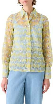 Akris Scribble Embroidered Sheer Tulle Button-Up Shirt in Lemon Zing-Sky Blue at Nordstrom, Size 14