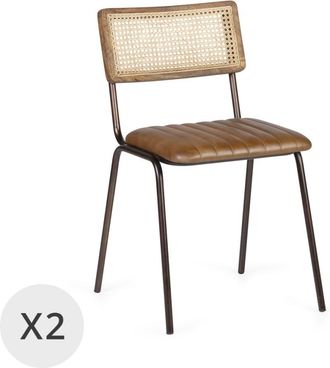 Moycor Set de 2 sillas de hierro negro y piel sintética marrón