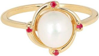 Tiramisu 14K Plated 2.18 Ct. Tw. Pearl, Ruby & 7X7mm Pearl Ring