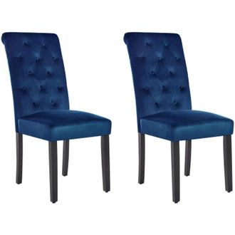 Beliani Set di 2 sedie da pranzo in velluto Gambe nere in legno di caucci&ugrave; Botton Tuft Sala da pranzo Elegante Blu Velva