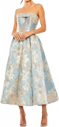 Mac Duggal Strapless Brocade Midi Dress In Blue Multi