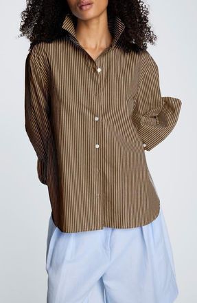 Kenneth Cole Pinstripe Button-Up Boyfriend Shirt in Mesquite Multi at Nordstrom, Size X-Small