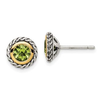 Diamond2Deal Sterling Silver with 14K Accent Antiqued Round Bezel Peridot Earrings