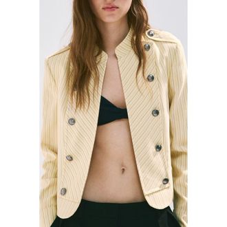 Mango Pinstripe Button Front Jacket in Pastel Yellow at Nordstrom, Size X-Large
