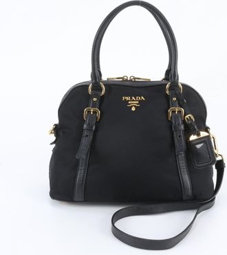 Prada Black Leather Nylon Handbag Shoulder Bag Tote Bag (Pre-Owned)