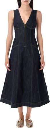 Self Portrait Denim Midi Jurk - Dames - Casual kleedjes - Blauw - XS - Denim - Kleedjes