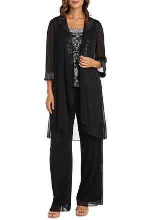 R & M Richards 3-Piece Beaded Neck Duster Pants Set In Black Silver