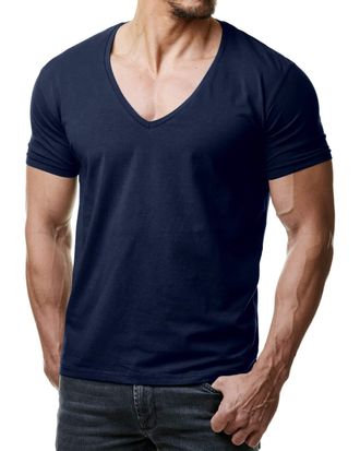 ReRock RR-1315 for Young & Rich 1315 Mens T-Shirt with Deep V-Neck Plain Fitness T-Shirt S to 3XL, navy, M