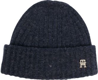Tommy Hilfiger logo-plaque ribbed knit beanie - women - Polyamide/Alpaca Wool/Wool/Elastane - One Size - Blue