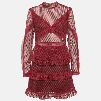 Self Portrait Burgundy Guipure Lace Tiered Mini Dress